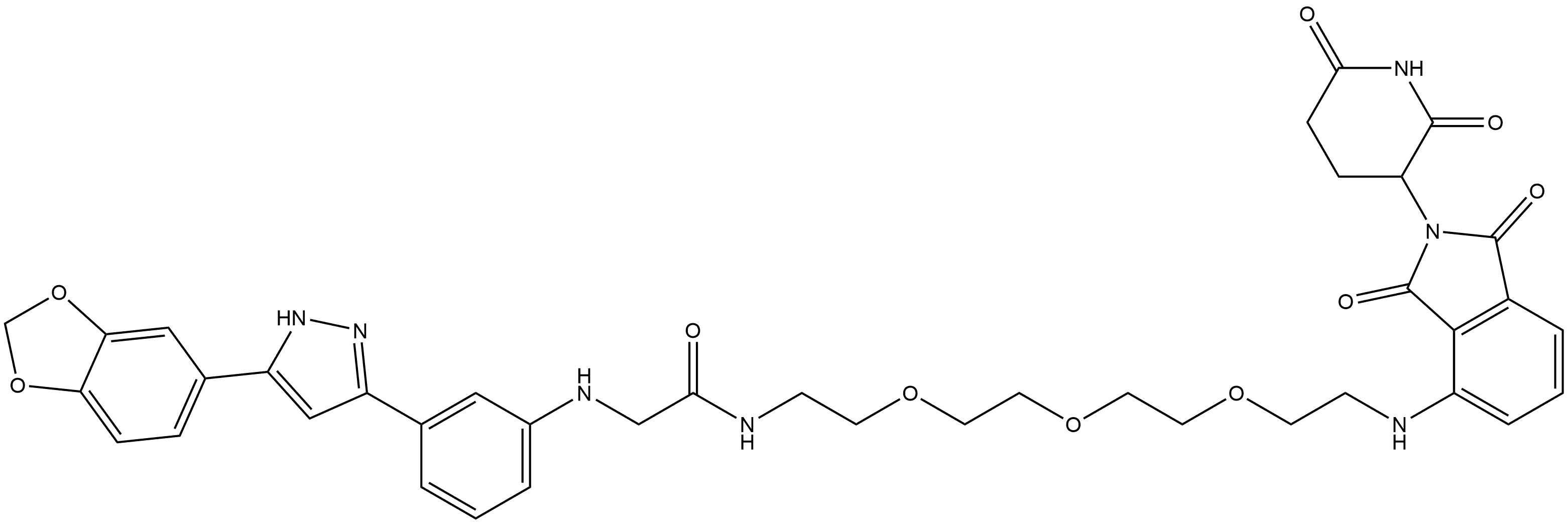 2-[[3-[5-(1,3-Benzodioxol-5-yl)-1H-pyrazol-3-yl]phenyl]amino]-N-[2-[2-[2-[2-[[2-(2,6-dioxo-3-piperidinyl)-2,3-dihydro-1,3-dioxo-1H-isoindol-4-yl]amino]ethoxy]ethoxy]ethoxy]ethyl]acetamide Struktur