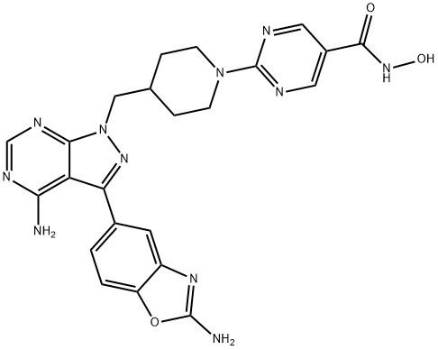 2-[4-[[4-Amino-3-(2-amino-5-benzoxazolyl)-1H-pyrazolo[3,4-d]pyrimidin-1-yl]methyl]-1-piperidinyl]-N-hydroxy-5-pyrimidinecarboxamide Struktur