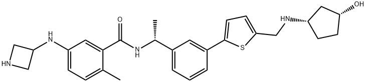 Benzamide, 5-(3-azetidinylamino)-N-[(1R)-1-[3-[5-[[[(1S,3R)-3-hydroxycyclopentyl]amino]methyl]-2-thienyl]phenyl]ethyl]-2-methyl- Struktur