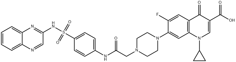 1-Cyclopropyl-6-fluoro-1,4-dihydro-4-oxo-7-[4-[2-oxo-2-[[4-[(2-quinoxalinylamino)sulfonyl]phenyl]amino]ethyl]-1-piperazinyl]-3-quinolinecarboxylic acid Struktur