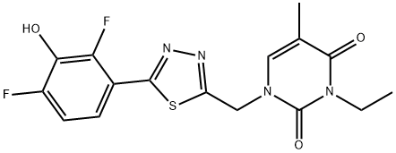 2,4(1H,3H)-Pyrimidinedione, 1-[[5-(2,4-difluoro-3-hydroxyphenyl)-1,3,4-thiadiazol-2-yl]methyl]-3-ethyl-5-methyl- Struktur