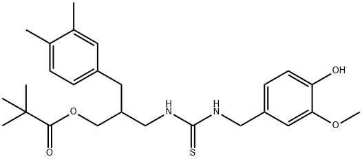 Propanoic acid, 2,2-dimethyl-, 3-(3,4-dimethylphenyl)-2-[[[[[(4-hydroxy-3-methoxyphenyl)methyl]amino]thioxomethyl]amino]methyl]propyl ester Struktur