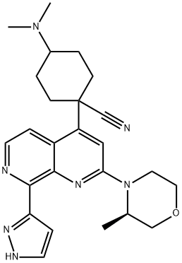 Cyclohexanecarbonitrile, 4-(dimethylamino)-1-[2-[(3R)-3-methyl-4-morpholinyl]-8-(1H-pyrazol-3-yl)-1,7-naphthyridin-4-yl]- Struktur