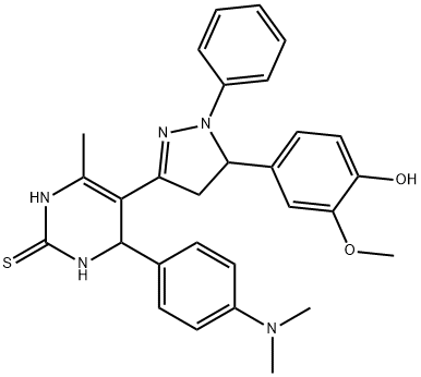 2(1H)-Pyrimidinethione, 5-[4,5-dihydro-5-(4-hydroxy-3-methoxyphenyl)-1-phenyl-1H-pyrazol-3-yl]-4-[4-(dimethylamino)phenyl]-3,4-dihydro-6-methyl- Struktur