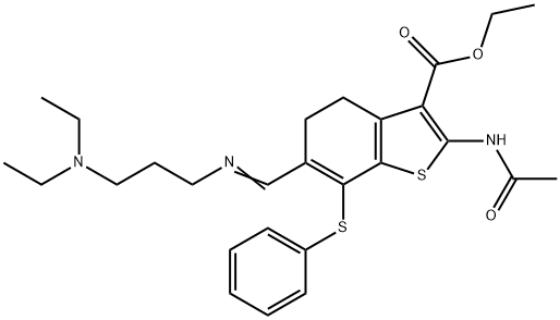 Ethyl 2-(acetylamino)-6-[(E)-{[3-(diethylamino)propyl]imino}methyl]-7-(phenylsulfanyl)-4,5-dihydro-1-benzothiophene-3-carboxylate Struktur