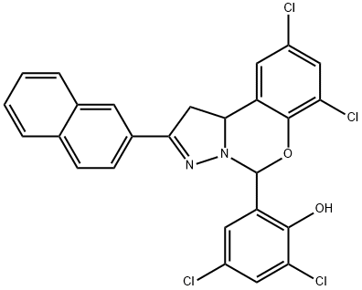 2,4-dichloro-6-[10,12-dichloro-4-(naphthalen-2-yl)-8-oxa-5,6-diazatricyclo[7.4.0.0^{2,6}]trideca-1(9),4,10,12-tetraen-7-yl]phenol Struktur