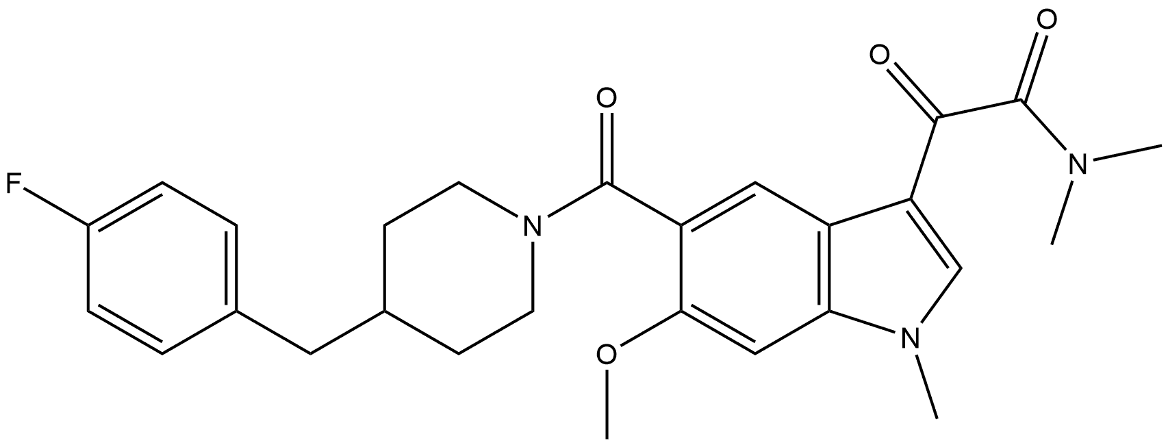 1H-Indole-3-acetamide, 5-[[4-[(4-fluorophenyl)methyl]-1-piperidinyl]carbonyl]-6-methoxy-N,N,1-trimethyl-α-oxo- Struktur