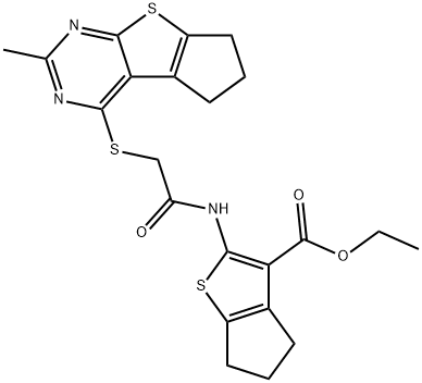 Ethyl 2-[[2-[(10-methyl-7-thia-9,11-diazatricyclo[6.4.0.02,6]dodeca-1(8),2(6),9,11-tetraen-12-yl)sulfanyl]acetyl]amino]-5,6-dihydro-4H-cyclopenta[b]thiophene-3-carboxylate Struktur