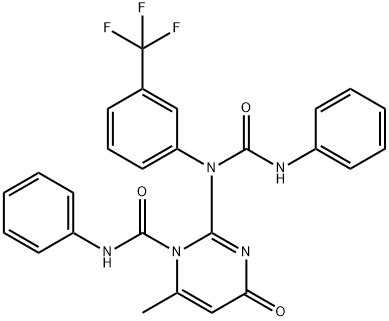 6-Methyl-4-oxo-N-phenyl-2-[N-(phenylcarbamoyl)-3-(trifluoromethyl)anilino]pyrimidine-1-carboxamide Struktur