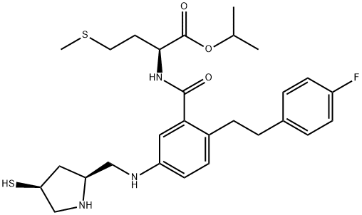 N-[2-[2-(4-Fluorophenyl)ethyl]-5-[[[(2S,4S)-4-mercapto-2-pyrrolidinyl]methyl]amino]benzoyl]-L-methionine 1-methylethyl ester Struktur