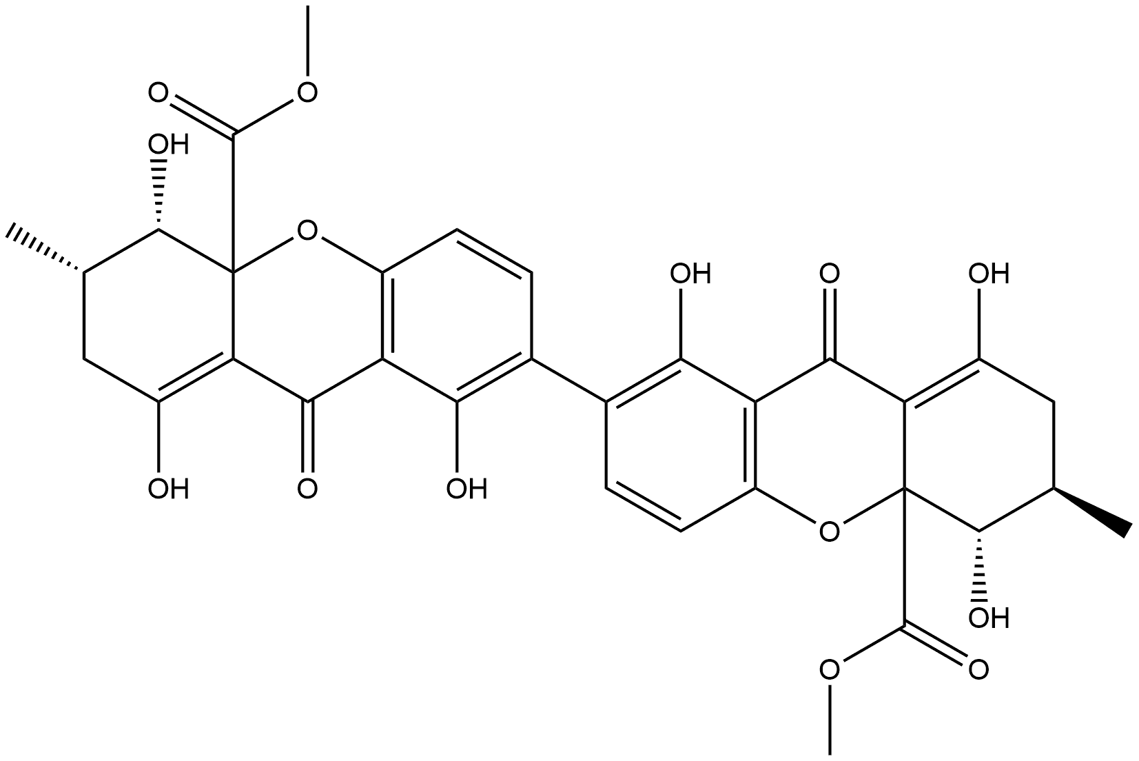 (3S,3'R,4S,4'S,4aS,4'aS)-2,2',3,3',4,4',9,9'-Octahydro-1,1',4,4',8,8'-hexahydroxy-3,3'-dimethyl-9,9'-dioxo-7,7'-bi(4aH-xanthene)-4a,4'a-dicarboxylic acid dimethyl ester Struktur