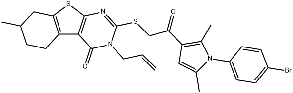 [1]Benzothieno[2,3-d]pyrimidin-4(3H)-one, 2-[[2-[1-(4-bromophenyl)-2,5-dimethyl-1H-pyrrol-3-yl]-2-oxoethyl]thio]-5,6,7,8-tetrahydro-7-methyl-3-(2-propen-1-yl)- Struktur