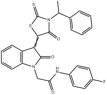 N-(4-fluorophenyl)-2-[(3Z)-2-oxo-3-[4-oxo-3-(1-phenylethyl)-2-sulfanylidene-1,3-thiazolidin-5-ylidene]indol-1-yl]acetamide Struktur