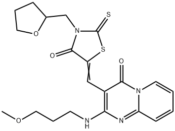 (5Z)-5-[[2-(3-methoxypropylamino)-4-oxopyrido[1,2-a]pyrimidin-3-yl]methylidene]-3-(oxolan-2-ylmethyl)-2-sulfanylidene-1,3-thiazolidin-4-one Struktur