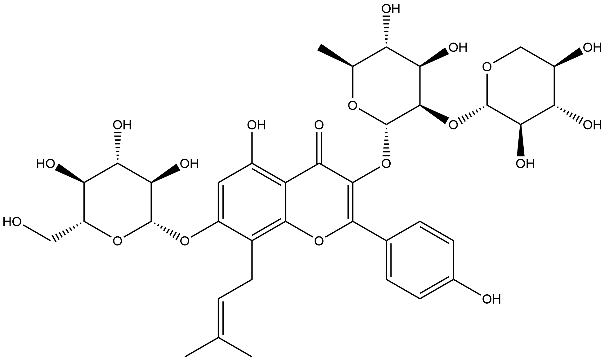 4H-1-Benzopyran-4-one, 3-[(6-deoxy-2-O-β-D-xylopyranosyl-α-L-mannopyranosyl)oxy]-7-(β-D-glucopyranosyloxy)-5-hydroxy-2-(4-hydroxyphenyl)-8-(3-methyl-2-buten-1-yl)- Struktur