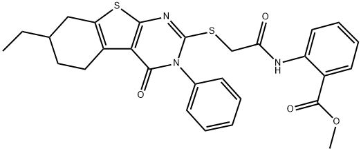 methyl 2-[[2-[(7-ethyl-4-oxo-3-phenyl-5,6,7,8-tetrahydro-[1]benzothiolo[2,3-d]pyrimidin-2-yl)sulfanyl]acetyl]amino]benzoate Struktur