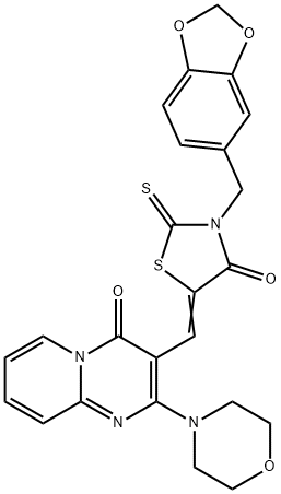 (5Z)-3-(1,3-benzodioxol-5-ylmethyl)-5-[(2-morpholin-4-yl-4-oxopyrido[1,2-a]pyrimidin-3-yl)methylidene]-2-sulfanylidene-1,3-thiazolidin-4-one Struktur