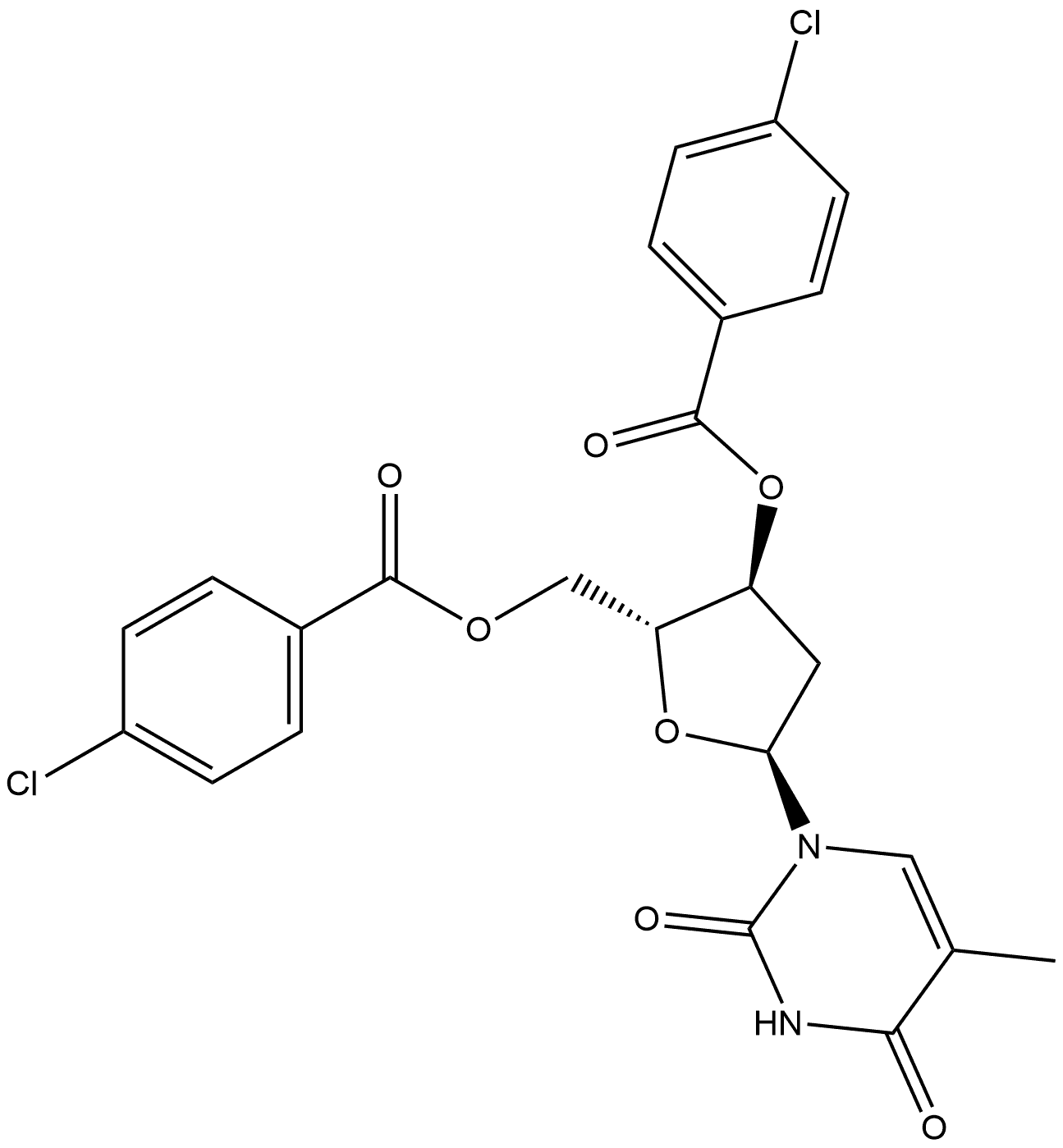 2,4(1H,3H)-Pyrimidinedione, 1-[3,5-bis-O-(4-chlorobenzoyl)-2-deoxy-α-D-erythro-pentofuranosyl]-5-methyl- Struktur