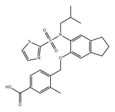 Benzoic acid, 4-[[[2,3-dihydro-6-[(2-methylpropyl)(2-thiazolylsulfonyl)amino]-1H-inden-5-yl]oxy]methyl]-3-methyl- Struktur