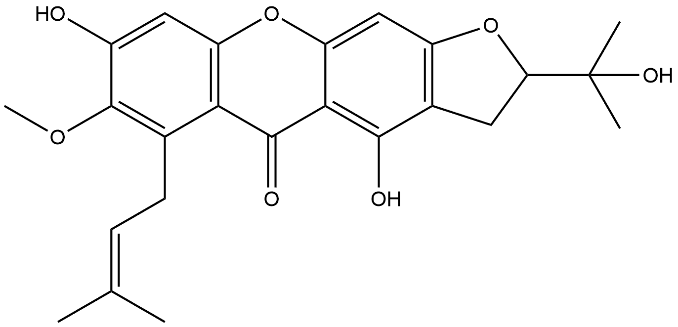 5H-Furo[3,2-b]xanthen-5-one, 2,3-dihydro-4,8-dihydroxy-2-(1-hydroxy-1-methylethyl)-7-methoxy-6-(3-methyl-2-buten-1-yl)-, (-)- Struktur