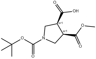 1,3,4-Pyrrolidinetricarboxylic acid, 1-(1,1-dimethylethyl) 3-methyl ester, (3R,4S)-rel- Struktur