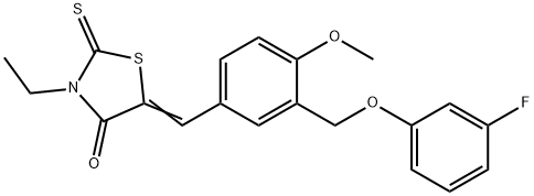 (5Z)-3-ethyl-5-[[3-[(3-fluorophenoxy)methyl]-4-methoxyphenyl]methylidene]-2-sulfanylidene-1,3-thiazolidin-4-one Struktur