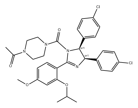 Ethanone, 1-[4-[[(4R,5S)-4,5-bis(4-chlorophenyl)-4,5-dihydro-2-[4-methoxy-2-(1-methylethoxy)phenyl]-1H-imidazol-1-yl]carbonyl]-1-piperazinyl]-, rel- Struktur