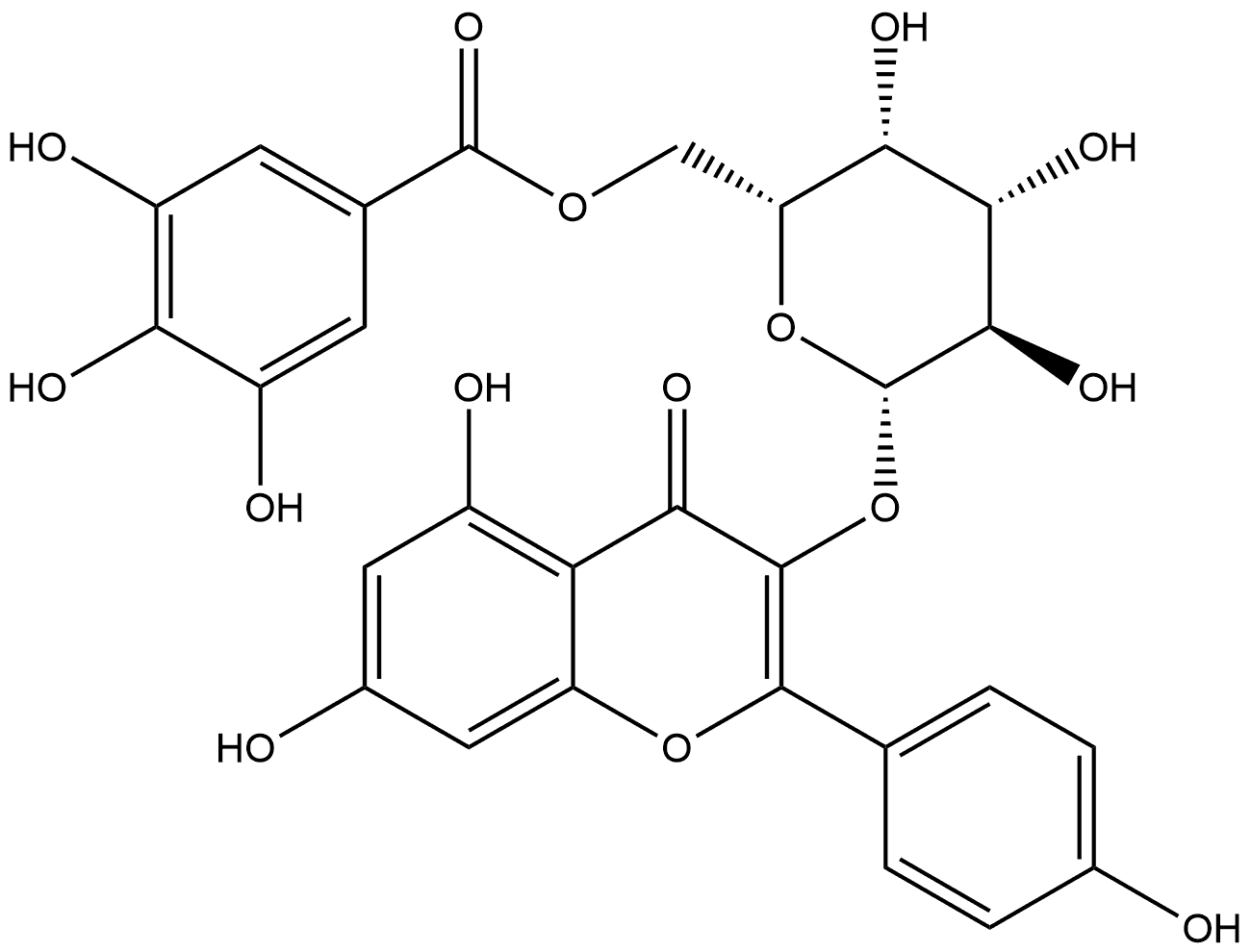 4H-1-Benzopyran-4-one, 5,7-dihydroxy-2-(4-hydroxyphenyl)-3-[[6-O-(3,4,5-trihydroxybenzoyl)-β-D-galactopyranosyl]oxy]- Struktur