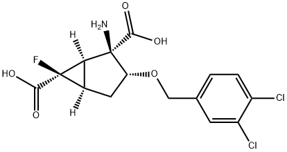 Bicyclo[3.1.0]hexane-2,6-dicarboxylic acid, 2-amino-3-[(3,4-dichlorophenyl)methoxy]-6-fluoro-, (1R,2R,3R,5R,6R)- Struktur