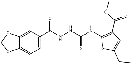 methyl 2-(2-(benzo[d][1,3]dioxole-5-carbonyl)hydrazinecarbothioamido)-5-ethylthiophene-3-carboxylate Struktur