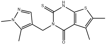 3-[(1,5-dimethylpyrazol-4-yl)methyl]-5,6-dimethyl-2-sulfanylidene-1H-thieno[2,3-d]pyrimidin-4-one Struktur