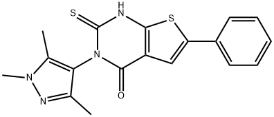 6-phenyl-2-sulfanylidene-3-(1,3,5-trimethylpyrazol-4-yl)-1H-thieno[2,3-d]pyrimidin-4-one Struktur