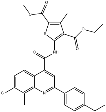 4-ethyl 2-methyl 5-(7-chloro-2-(4-ethylphenyl)-8-methylquinoline-4-carboxamido)-3-methylthiophene-2,4-dicarboxylate Struktur