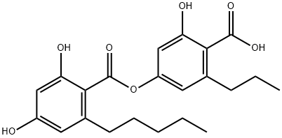 Benzoic acid, 2,4-dihydroxy-6-pentyl-, 4-carboxy-3-hydroxy-5-propylphenyl ester Struktur