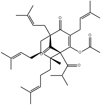 Bicyclo[3.3.1]non-3-ene-2,9-dione, 4-(acetyloxy)-6-methyl-1,3,7-tris(3-methyl-2-buten-1-yl)-5-(2-methyl-1-oxopropyl)-6-(4-methyl-3-penten-1-yl)-, (1R,5S,6R,7S)- Struktur