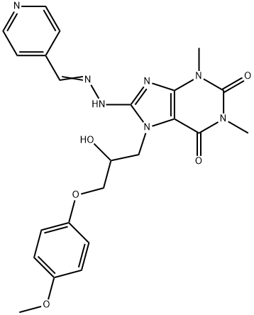 7-[2-Hydroxy-3-(4-methoxyphenoxy)propyl]-1,3-dimethyl-8-[(2E)-2-(pyridin-4-ylmethylidene)hydrazinyl]purine-2,6-dione Struktur