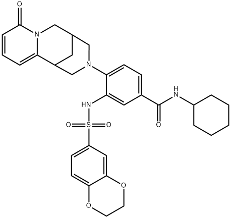 N-cyclohexyl-3-((2,3-dihydrobenzo[b][1,4]dioxine)-6-sulfonamido)-4-(8-oxo-1,5,6,8-tetrahydro-2H-1,5-methanopyrido[1,2-a][1,5]diazocin-3(4H)-yl)benzamide Struktur