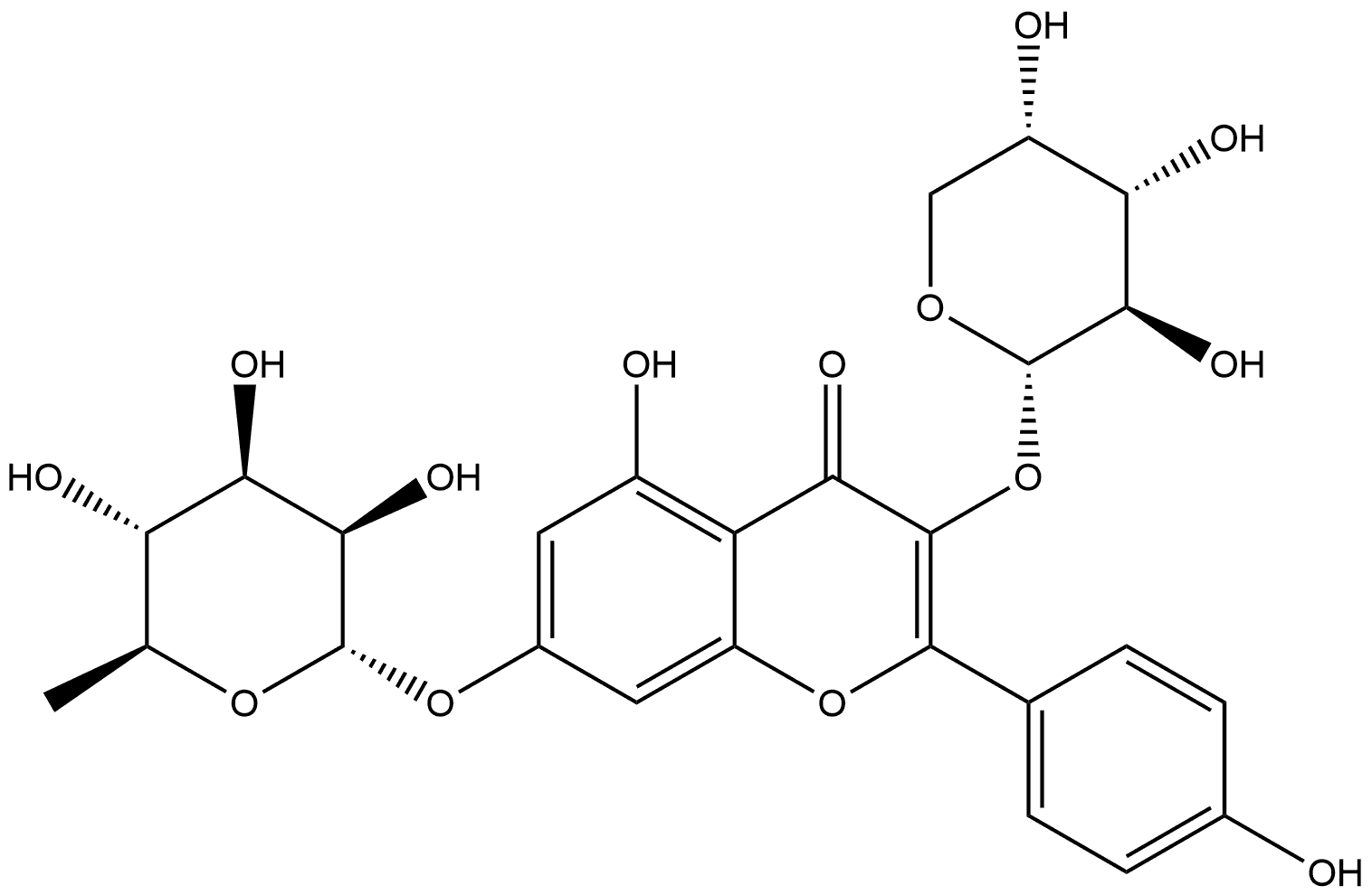 4H-1-Benzopyran-4-one, 3-(α-L-arabinopyranosyloxy)-7-[(6-deoxy-α-L-mannopyranosyl)oxy]-5-hydroxy-2-(4-hydroxyphenyl)- Structure