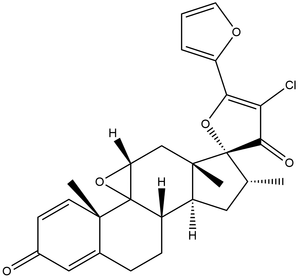 Spiro[androsta-1,4-diene-17,2'(3'H)-furan]-3,3'-dione, 4'-chloro-9,11-epoxy-5'-(2-furanyl)-16-methyl-, (11β,16α,17α)- (9CI) Struktur