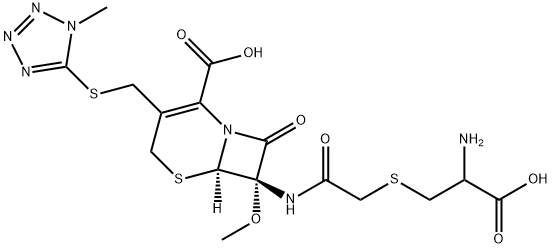 5-Thia-1-azabicyclo[4.2.0]oct-2-ene-2-carboxylic acid, 7-[[2-[(2-amino-2-carboxyethyl)thio]acetyl]amino]-7-methoxy-3-[[(1-methyl-1H-tetrazol-5-yl)thio]methyl]-8-oxo-, (6R,7S)- Struktur