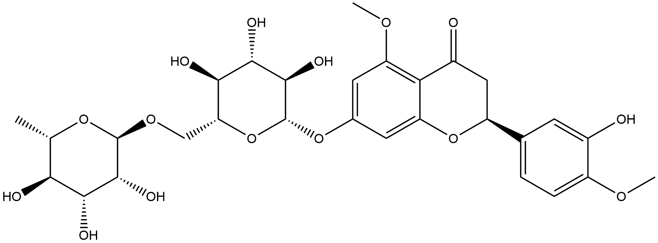 4H-1-Benzopyran-4-one, 7-[[6-O-(6-deoxy-α-L-mannopyranosyl)-β-D-glucopyranosyl]oxy]-2,3-dihydro-2-(3-hydroxy-4-methoxyphenyl)-5-methoxy-, (2S)- Struktur