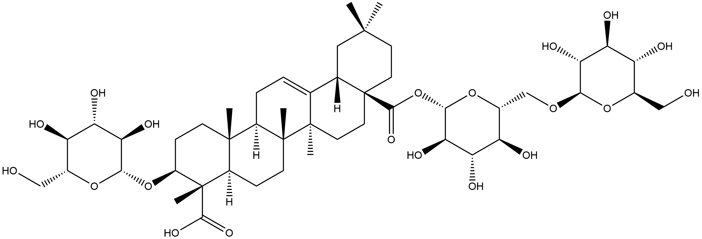 Olean-12-ene-23,28-dioic acid, 3-(β-D-glucopyranosyloxy)-, 28-(6-O-β-D-glucopyranosyl-β-D-glucopyranosyl) ester, (3β,4α)- Struktur