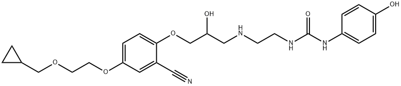 Urea, N-[2-[[3-[2-cyano-4-[2-(cyclopropylmethoxy)ethoxy]phenoxy]-2-hydroxypropyl]amino]ethyl]-N'-(4-hydroxyphenyl)- Struktur