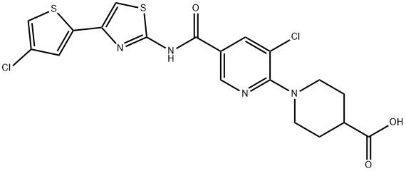 4-Piperidinecarboxylic acid, 1-[3-chloro-5-[[[4-(4-chloro-2-thienyl)-2-thiazolyl]amino]carbonyl]-2-pyridinyl]- Struktur