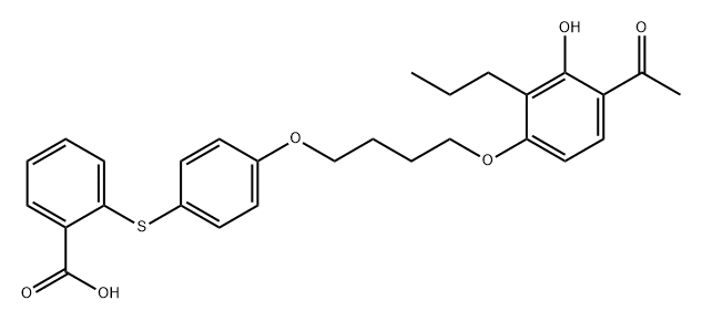 Benzoic acid, 2-[[4-[4-(4-acetyl-3-hydroxy-2-propylphenoxy)butoxy]phenyl]thio]- Struktur