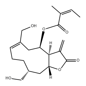 2-Butenoic acid, 2-methyl-, (3aS,4R,6E,10R,11aR)-2,3,3a,4,5,8,9,10,11,11a-decahydro-6,10-bis(hydroxymethyl)-3-methylene-2-oxocyclodeca[b]furan-4-yl ester, (2Z)- Struktur