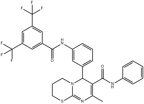 2H,6H-Pyrimido[2,1-b][1,3]thiazine-7-carboxamide, 6-[3-[[3,5-bis(trifluoromethyl)benzoyl]amino]phenyl]-3,4-dihydro-8-methyl-N-phenyl- Struktur