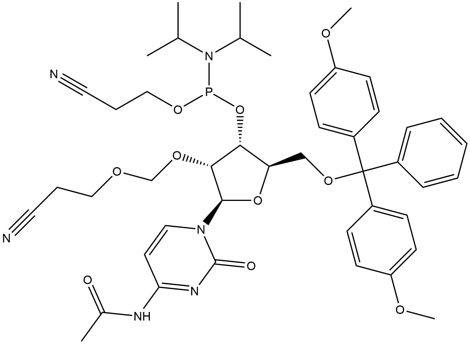 Cytidine, N-acetyl-5'-O-[bis(4-methoxyphenyl)phenylmethyl]-2'-O-[(2-cyanoethoxy)methyl]-, 3'-[2-cyanoethyl N,N-bis(1-methylethyl)phosphoramidite] Struktur