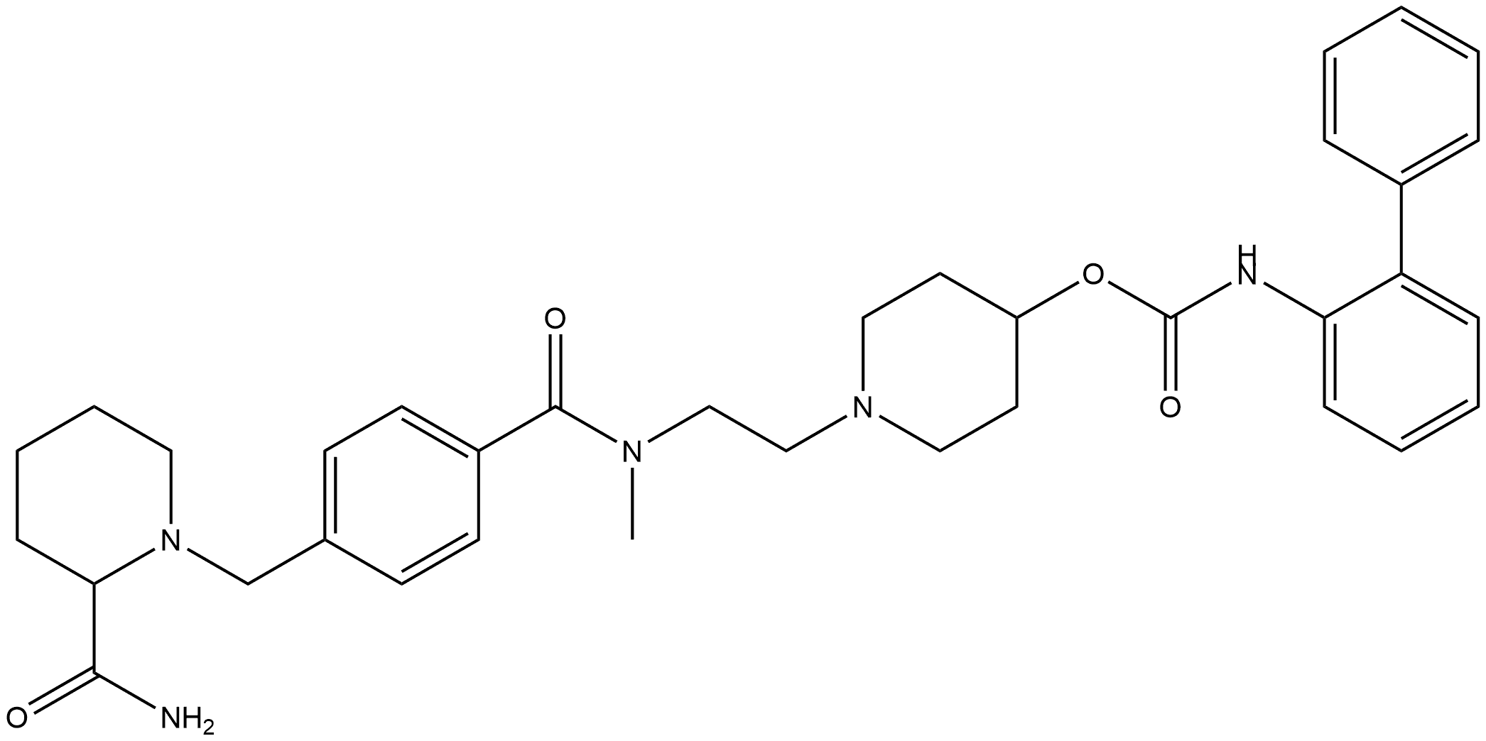 Carbamic acid, [1,1′-biphenyl]-2-yl-, 1-[2-[[4-[[2-(aminocarbonyl)-1-piperidinyl]methyl]benzoyl]methylamino]ethyl]-4-piperidinyl ester Struktur