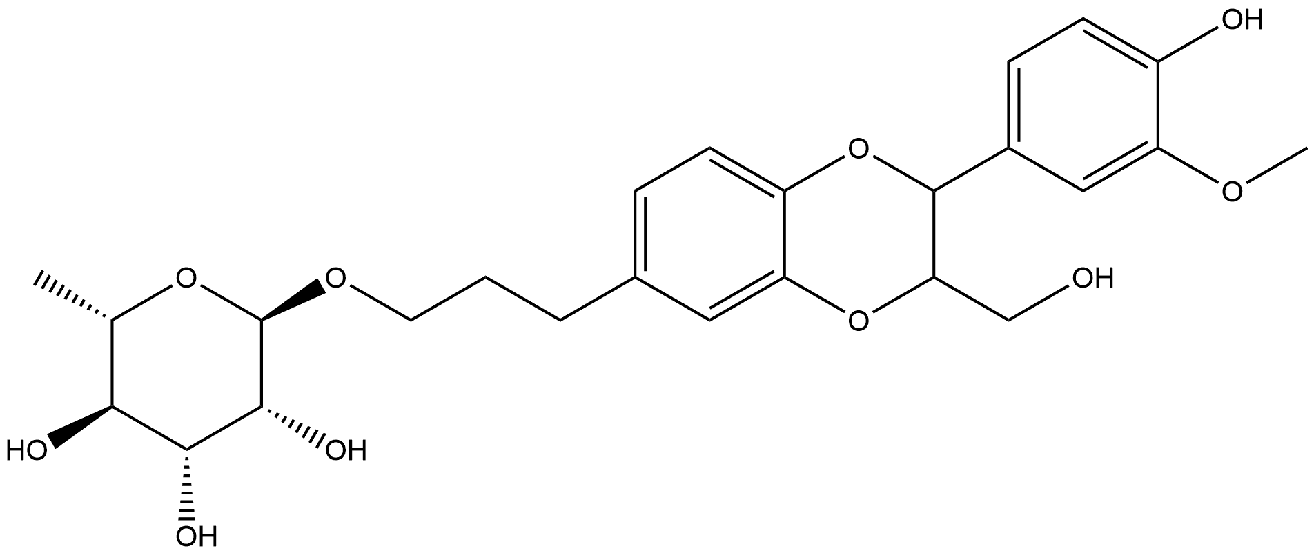 α-L-Mannopyranoside, 3-[2,3-dihydro-2-(4-hydroxy-3-methoxyphenyl)-3-(hydroxymethyl)-1,4-benzodioxin-6-yl]propyl 6-deoxy- Struktur